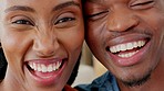 White teeth, dental and couple or black people smile, looking happy with results in a mouth closeup. African man and woman portrait for dentistry health insurance, oral hygiene or whitening service