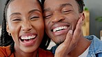 Love, smile and black couple laughing and celebrating good news, happy and positive. Closeup portrait of African American woman touching husband face, showing affection while bonding and relaxing 