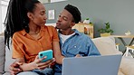 Couple phone, laptop search and talking about social media notification, news on the internet and streaming movie on computer in house. African man and woman relax on web with technology on sofa