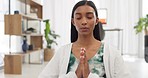 Meditation, chakra and peace woman in house living room for zen energy, mental health wellness or mind yoga training. Indian person in namaste, calm or holistic spiritual breathing on a home morning