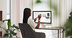 Woman doing stretch from online work on laptop. Businesswoman stretching for posture, fitness and health while working remote. Balance, stress relief and taking a break in office to relax