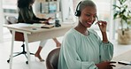 Call center, customer service and telemarketing with a sales consultant working in her office with a headset. Contact us, crm and consulting with a female agent at work on help, service and advice