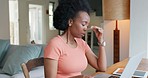 Home finance stress, headache and anxiety of computer banking debt of a black woman. Stressed person in a house living room feeling frustrated about internet accounting amount or laptop glitch 