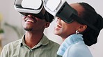 Vr, future headset and black couple in home exploring a virtual world, playing game or watching movie. Future technology, 3d and virtual reality tech cyber gaming man and woman with online games.