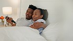 Bed, television and couple with a man and woman in their bedroom to relax while watching tv or streaming an online subscription service. Young boyfriend and girlfriend relaxing in their home together