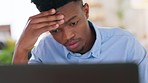 Tired, confused and stress student studying on laptop for elearning, digital education or college university exam at home. Mental health, headache black man with problem reading work or test online