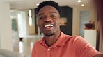 Interior, house and video call by happy black man showing a new home, smiling and excited. African American realtor recording social media marketing video to advertise a new building development