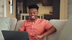 Happy black man, relax and laptop on sofa in happiness and satisfaction for success at home. African male excited for good news and relaxing on couch with smile for successful win or deal on computer