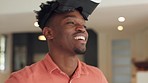 Black gamer winning virtual reality gaming, with a futuristic headset that uses 5g technology to beat competitors and win online games. The metaverse, vr streaming and digital cyber game is high tech