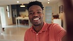 Social media influencer, black man face live streaming online in apartment interior. Digital smart home tour, happy streamer vlog living room and gen z selfie of person smile streaming video call