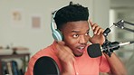 Black man, radio headphones or podcast microphone with laptop for audience communication, social media interview or review. Smile, happy or comic influencer talking on creative house studio equipment