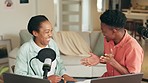 Black woman, podcast or radio microphone in interview, social media communication or internet review. Laughing, comic friends or happy smile man, influencer or studio laptop in creative collaboration