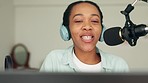 Podcast, web radio or digital woman interview presenter live streaming to a internet audience. Voice talent, speaker or vlog influencer with headphones and microphone talk online about student life
