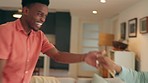 Love, home and black couple dance together happy, have fun and enjoy bonding quality time together. Partnership, trust and smile from young romantic black woman and man dancing, goofy and being silly