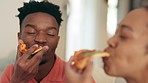 Black couple, pizza and fast food with young man and woman enjoying tasty meal for lunch or dinner while laughing and having fun at home. Hungry man and woman bonding and eating together with love