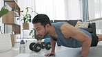 Home exercise, floor workout in living room and man training strength motivation. Healthy lifestyle, weight loss and water bottle. Athletic wellness, performance coach and crossfit cardio trainer
