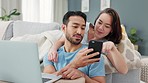 Asian couple, phone and laptop for finance planning, house budget and home loan investment in living room. Love bond, man and woman on communication technology for future financial growth accounting