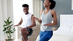Black couple, energy workout and house bedroom for lockdown exercise, training or wellness fitness. Smile, happy and motivation man and woman or boyfriend and girlfriend with home sports health goals