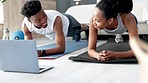 Couple exercise, fitness or training with laptop on the floor in bedroom together. Happy black man and woman high five, goal and celebration for target achievement or support in sport workout success