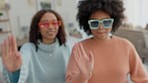 Phone, ring light and women friends dance with sunglasses recording trendy mobile, smartphone or cellphone video. Influencers, creative black girls and dancing at home on social media web blog post

