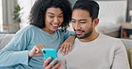 Sofa, home and smartphone couple with funny video on mobile app or online social media. Young people relax on couch and surfing internet, ecommerce website or meme comic post on a cellphone together
