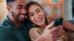 Couple phone, social media meme and kiss on forehead for love, streaming comic video on the internet and funny conversation on couch in home. Man and woman happy reading notification with affection