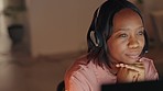 Night call center, IT woman with computer thinking of solution, problem solving strategy or software development idea innovation. Black woman information technology manager listening to website audio