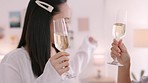 Friends on wedding morning, celebrate with dance in luxury hotel beauty room and drink champagne glasses together. Women happy on fun bridal day, beautiful asian bride and bridesmaid support marriage