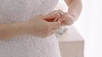 Anxiety, fear and stress bride with wedding ring breathing to calm her nerves. Young asian or Japanese woman worry, stress and nervous hands and breathe for mental health, marriage and beauty 