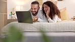 Couple laptop, social media and streaming comedy movie on bed, happy with film on the internet and smile for comic meme on the web in bedroom. Man and woman talking about video online on pc in house