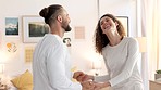 Excited couple dancing in home lounge together for love, relax and intimate funny day. Laughing woman, smile man and mature people dance in loving marriage, romantic relationship and happy lifestyle