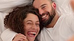 Love, selfie and crazy couple video record funny, goofy and silly facial expression or emoji face gesture. Comedy, smile and happy comic man and girl relax in bed, bond or enjoy quality time together
