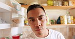 Young man in fridge search for food with inspiration, idea or thinking face for healthy diet or nutrition lunch in kitchen home. Asian guy in refrigerator for a salad breakfast for wellness lifestyle