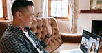 Man with laptop on sofa, wave hand in video call or online work meeting. Happy latino male on couch with pc, for communication, webinar or video conference in living room while working from home