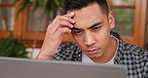 Thinking, anxiety and worried freelancer man working on a laptop and scratching his head and sitting outside doing online research. Asian male remote worker confused and stressed about poor internet