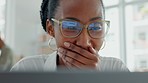 Wow, good news and omg face of a black woman on a computer reading at work with glasses. Female facial expression with shock and surprise from online announcement using pc technology while working