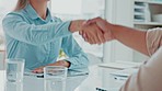 Business people shaking hands, welcome and meeting for planning, teamwork and startup collaboration in office. Consulting employees, company management and handshake in b2b, partnership and interview