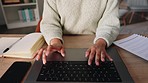 Business woman typing on her laptop at the office, working and sending emails. Write, type and send documents online using computer at work. Close up of hands, keyboard and businesswoman in workplace