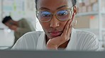 Logistics business black woman on laptop with glasses reading email, website seo analysis or invoice check for startup company. Digital marketing agency manager focus on internet research in office