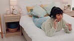 Woman, bedroom and phone call frustrated talking on smartphone upset, anger and tired at home. Stress, unhappy and angry girl on mobile cellphone communication, conversation and speaking on problem
