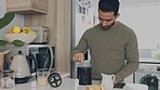 Relax, morning man and coffee plunger in kitchen for caffeine breakfast drink wake up routine. Latino male mixing espresso beans for everyday beverage for focus, energy and concentration.

