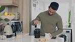 Coffee press, morning breakfast and man in house kitchen prepare strong cup of fresh plunger caffeine. Relax guy start home day with food, drinking black espresso and french press beverage to enjoy