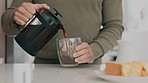 French press coffee, breakfast and man hands in kitchen in the morning. Person pouring espresso or filter drink cup with bread, sandwich or lunch food and caffeine glass pot or kitchenware equipment