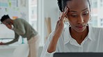 Stress business woman, frustrated and laptop 404 glitch in startup company. Anxiety, angry and headache black female worker with internet problem, office burnout crisis and online technology mistake