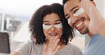 Live streaming phone, couple kiss and eye care product review on the internet, hello to social media with skincare and happy on podcast. Influencer man and woman on broadcast on tech for cosmetics