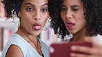 Women, comic face or phone selfie for social media in school, studying university or college library. Zoom, fun or crazy students, fashion people or cuban family twins on mobile technology photograph