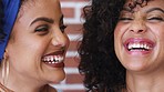 Portrait women, identical twins and happy, smile and laughing latino people from Puerto Rico. Sisters, funny siblings and faces of family woman with natural beauty, curly hair and happiness together