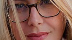 Vision, face and fashion glasses for woman with designer, trend and cool optometry eye care. Zoom, portrait and model with prescription, insurance and medical healthcare style eyes lenses in Canada