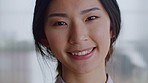 Japanese woman, laughing and face with bad teeth in dental care treatment and insurance mouth surgery. Portrait, zoom or happy smile model with invisible healthcare help or medical orthodontic braces