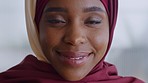 Portrait of a cheerful, happy and muslim woman with a positive attitude smiling with a headscarf and joy. Face of a beautiful black female with a beautiful smile feeling excited and in a good mood